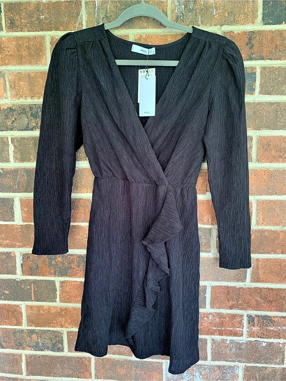 MANGO Black Textured Ruffle Wrap Long Sleeve Dress size XS